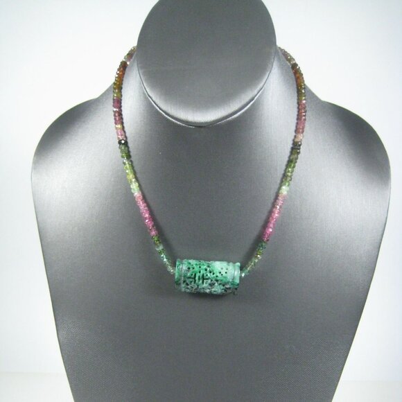 Tourmaline Faceted Bead Necklace Carved Jade Pendant Sterling Silver Clasp 18 In - Picture 9 of 13